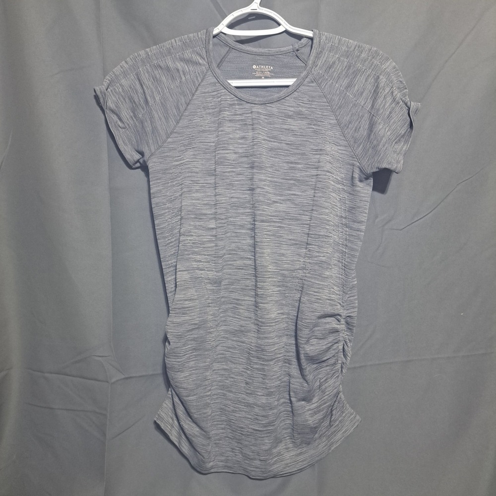Athleta Sz MEDIUM Gray Short Sleeve Stretch Athletic Top Ruched Sides - Gray